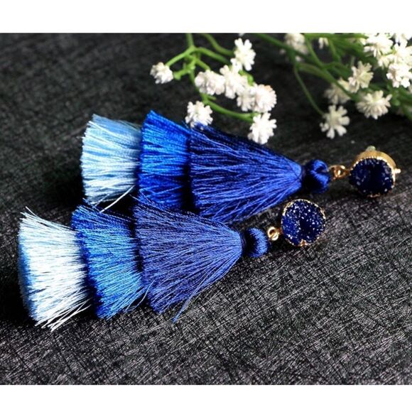 14K Yellow Gold with Blue Ombre Silk Thread Tassel and Quartz Druzy Earrings - Picture 2 of 8
